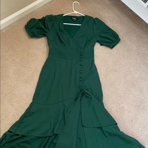 Lulus Dark Green Ruffle Long dress with buttons